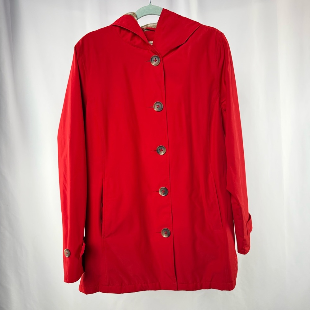 L.L. Bean Button Up Flannel Lined Trench Coat in‎ Red Tan Size Medium Regular